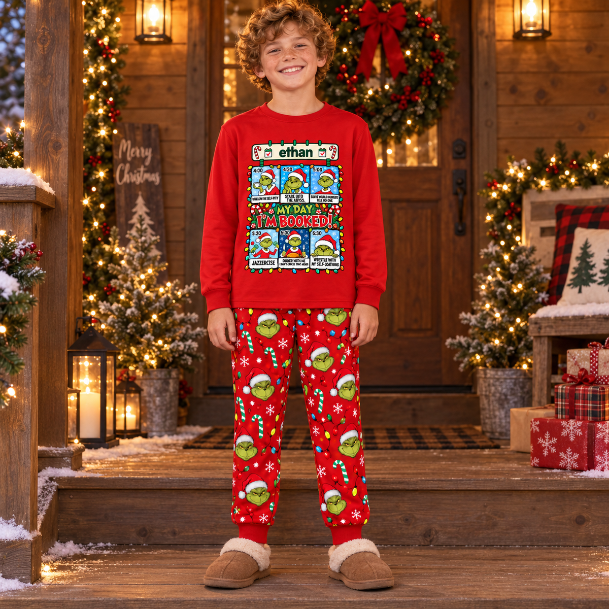 Personalized "My Day I'm Booked" Grumpy Green Creature Red Family Christmas Pajamas