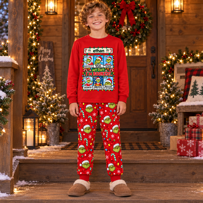 Personalized "My Day I'm Booked" Grumpy Green Creature Red Family Christmas Pajamas