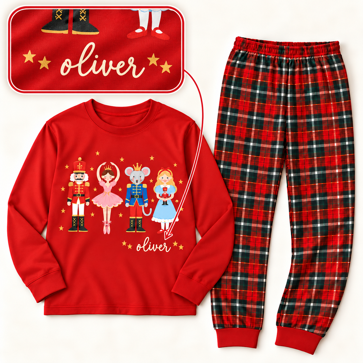 Personalized Nutcracker Characters & Tartan Plaid Red Family Christmas Pajamas