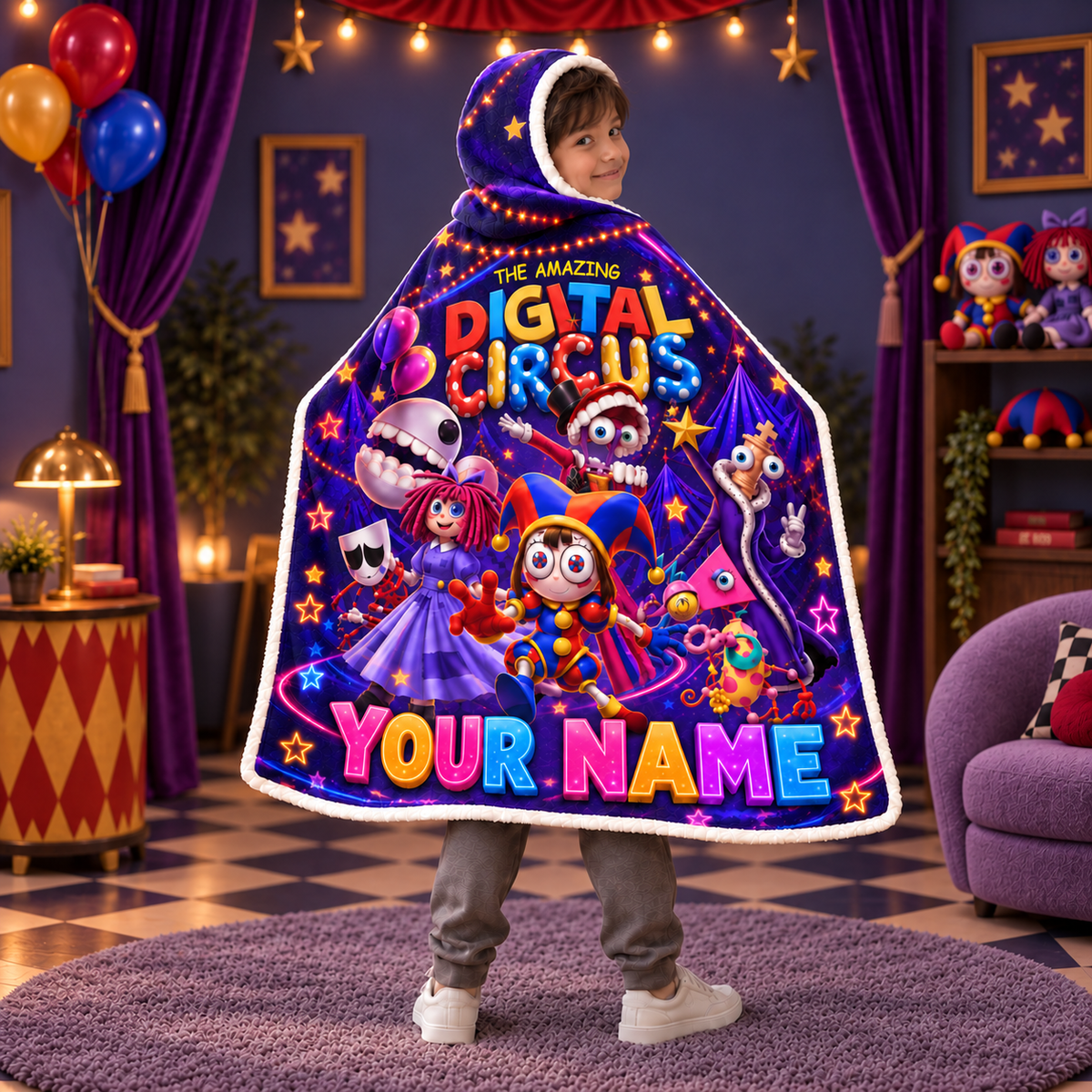 Custom Name Neon Circus Crew Wearable Hooded Blanket
