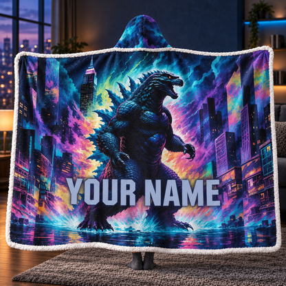Custom Name Giant Luminous Beast Neon City Wearable Hooded Blanket