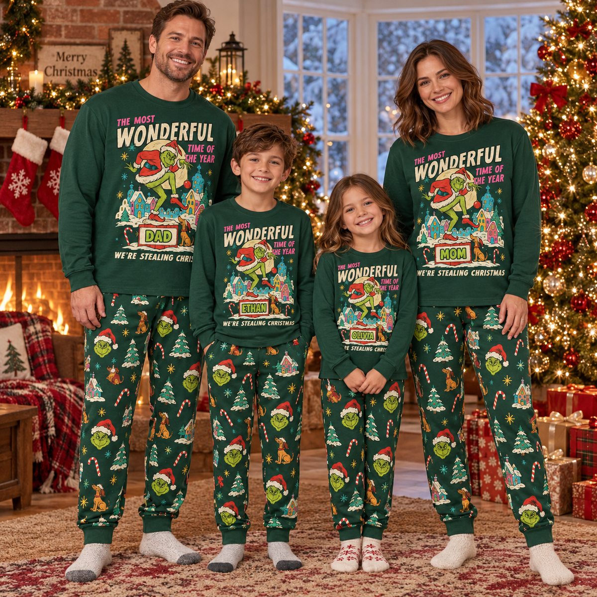 Personalized "Stealing Christmas" Grumpy Green Creature Green Family Christmas Pajamas