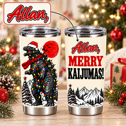 Personalized Merry Kaijumas – Custom Name 20oz Vintage Mountain Beast Christmas Tumbler