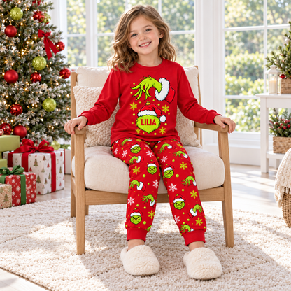 Personalized Mean Green Holiday Creature & All-Over Print Red Family Christmas Pajamas