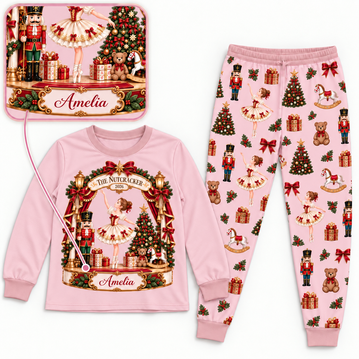 Personalized Pink Ballerina & Nutcracker Family Christmas Pajamas