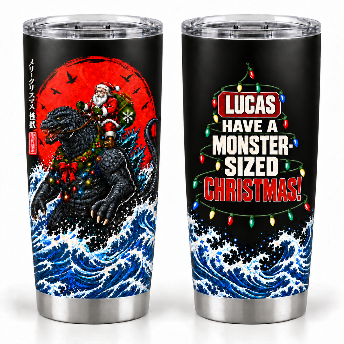 Personalized Have A Monster-Sized Christmas – Custom Name 20oz Santa Beast Wave Tumbler