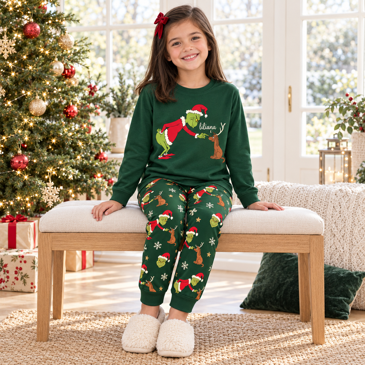 Personalized Mean Green Creature & Faithful Pup Green Family Christmas Pajamas