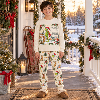 Personalized Grumpy Green Creature & Dog Snowy Village Cream Family Christmas Pajamas