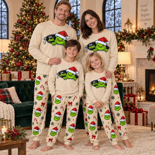 Personalized Grumpy Green Creature Zipper & All-Over Print Cream Family Christmas Pajamas
