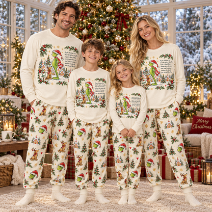 Personalized Grumpy Green Creature & Dog Snowy Village Cream Family Christmas Pajamas