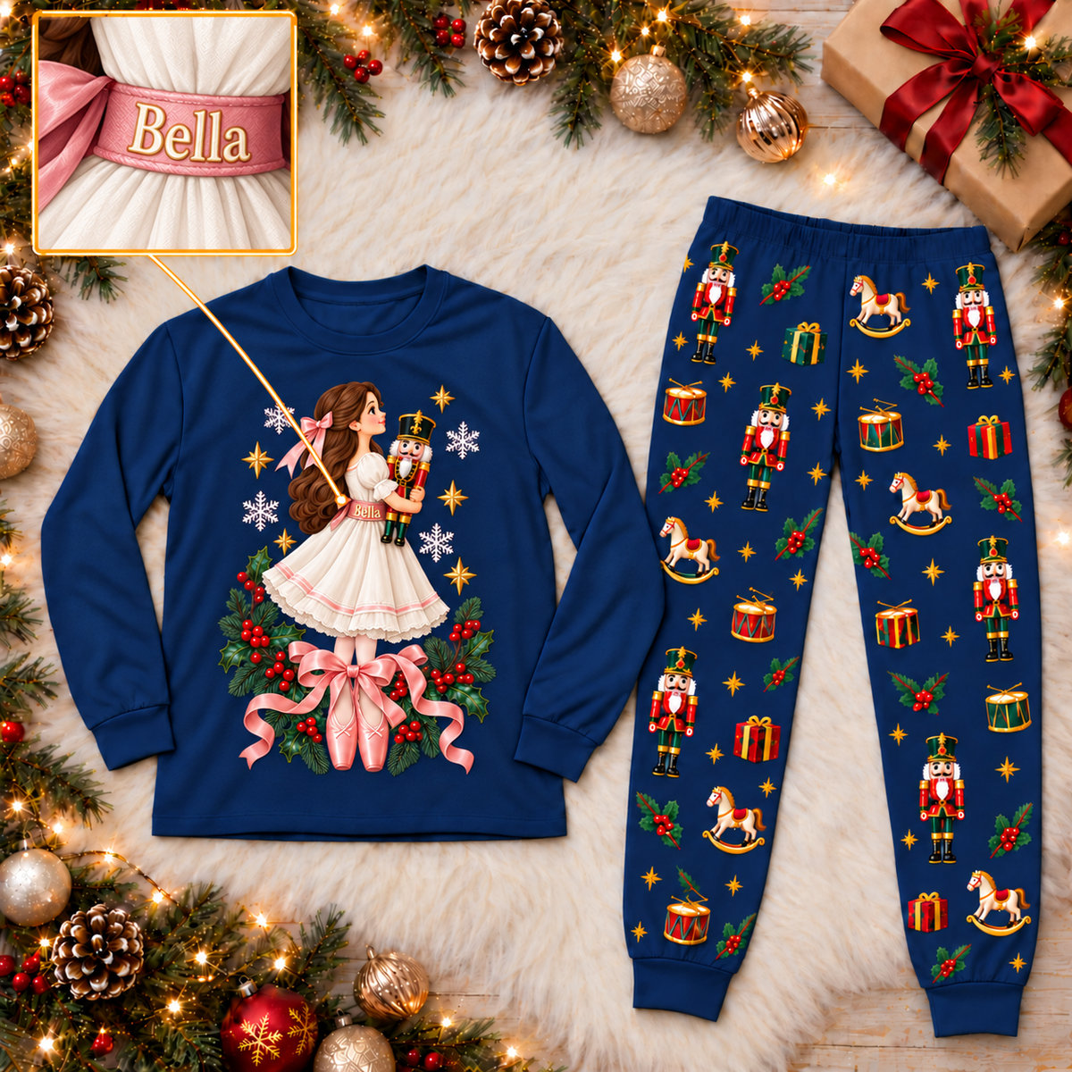 Personalized Nutcracker Characters & All-Over Print Navy Blue Family Christmas Pajamas