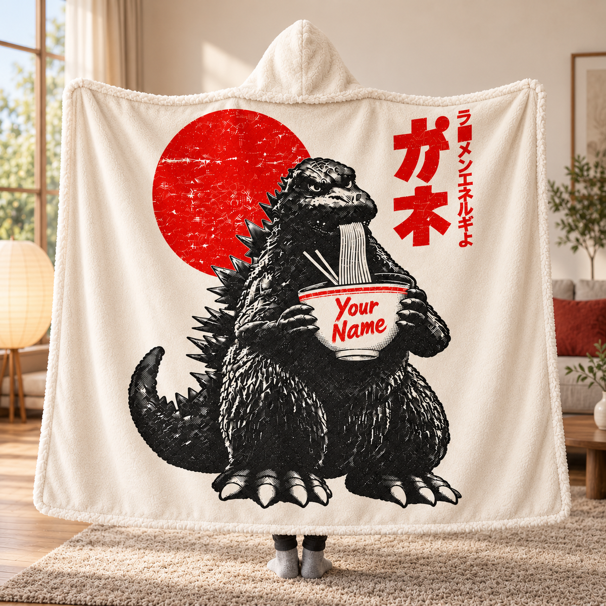 Custom Name Japanese Ramen Eating Monster Wearable Hooded Blanket