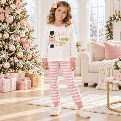 Personalized Nutcracker "Naughty or Nice" Pink Striped Family Christmas Pajamas