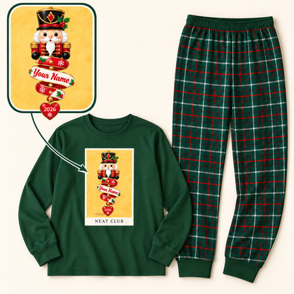 Personalized Nutcracker Banner & Tartan Plaid Green Family Christmas Pajamas