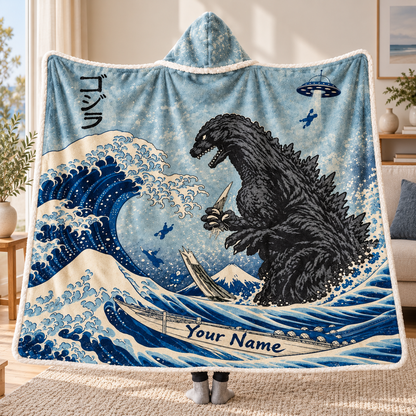 Custom Name Japanese Ukiyo-e UFO Kaiju Monster Wearable Hooded Blanket