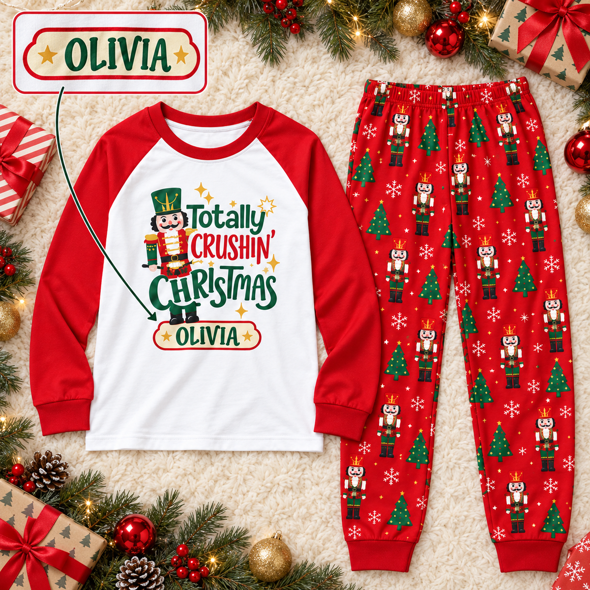Personalized "Totally Crushin' Christmas" Nutcracker Red Raglan Family Pajamas