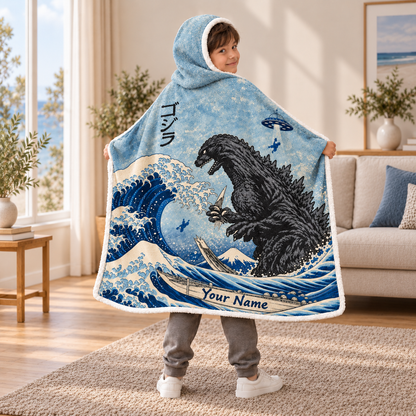 Custom Name Japanese Ukiyo-e UFO Kaiju Monster Wearable Hooded Blanket