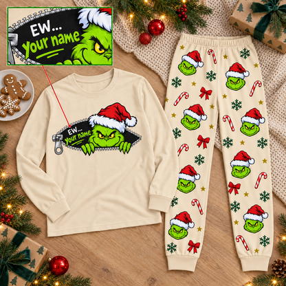 Personalized Grumpy Green Creature Zipper & All-Over Print Cream Family Christmas Pajamas