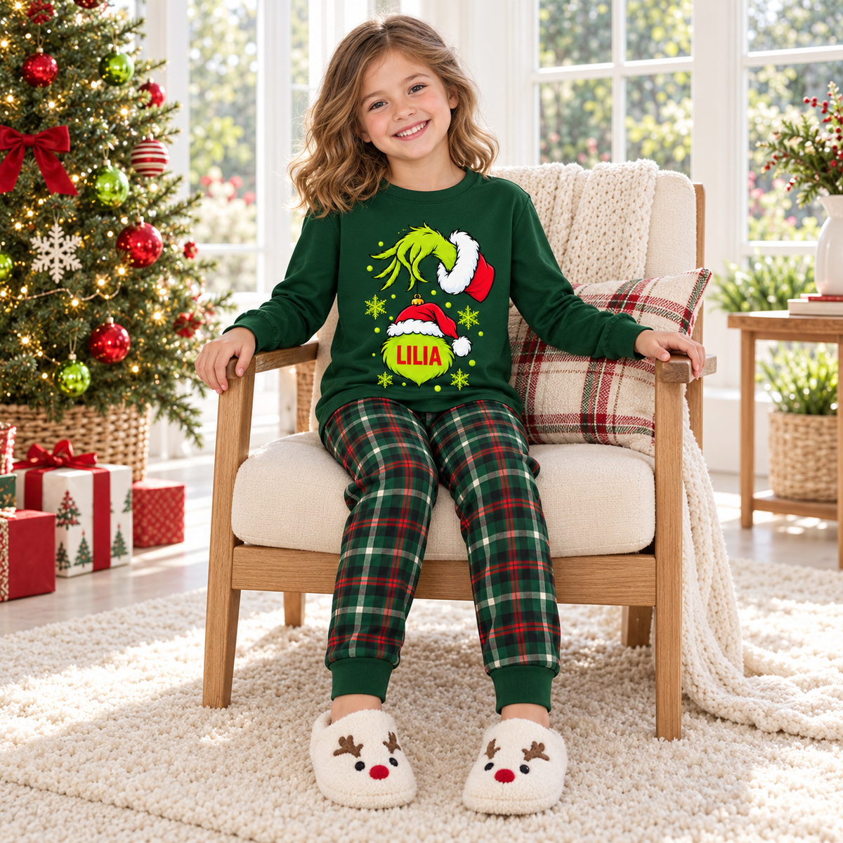 Personalized Mean Green Holiday Creature & Tartan Plaid Family Christmas Pajamas
