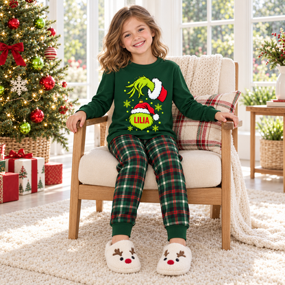 Personalized Mean Green Holiday Creature & Tartan Plaid Family Christmas Pajamas