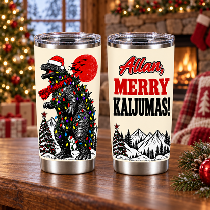 Personalized Merry Kaijumas – Custom Name 20oz Vintage Mountain Beast Christmas Tumbler