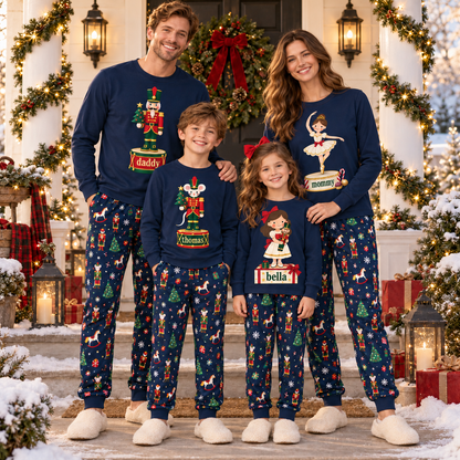 Personalized Nutcracker Music Box Navy Blue Matching Family Christmas Pajamas