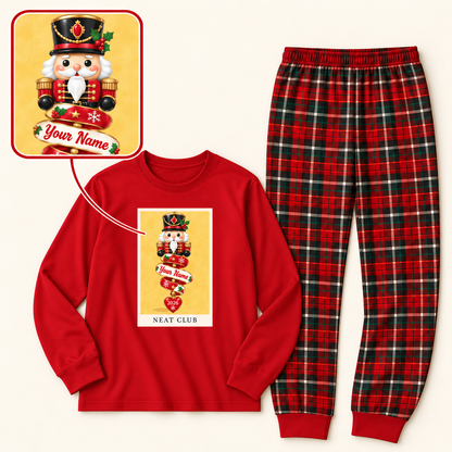 Personalized Nutcracker Banner & Tartan Plaid Red Family Christmas Pajamas