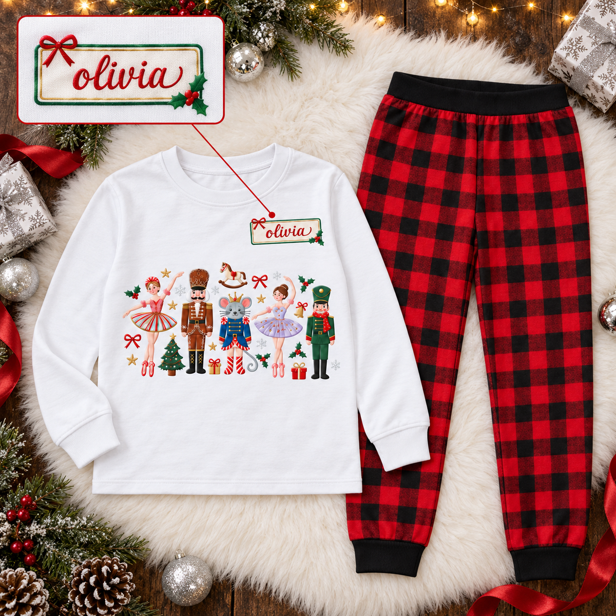 Personalized Ballerina, Nutcracker & Mouse Buffalo Plaid Family Christmas Pajamas