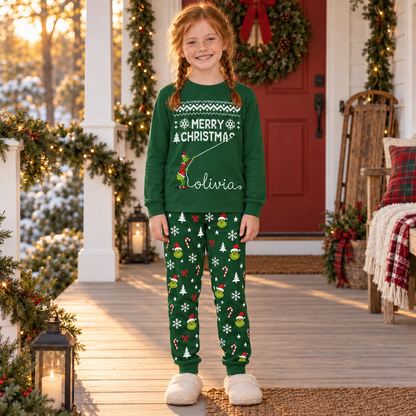 Personalized Grumpy Green Creature "Merry Christmas" Green Family Christmas Pajamas