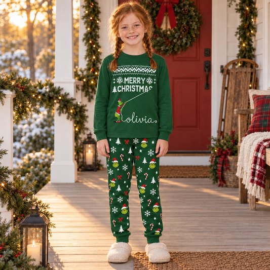 Personalized Grumpy Green Creature "Merry Christmas" Green Family Christmas Pajamas