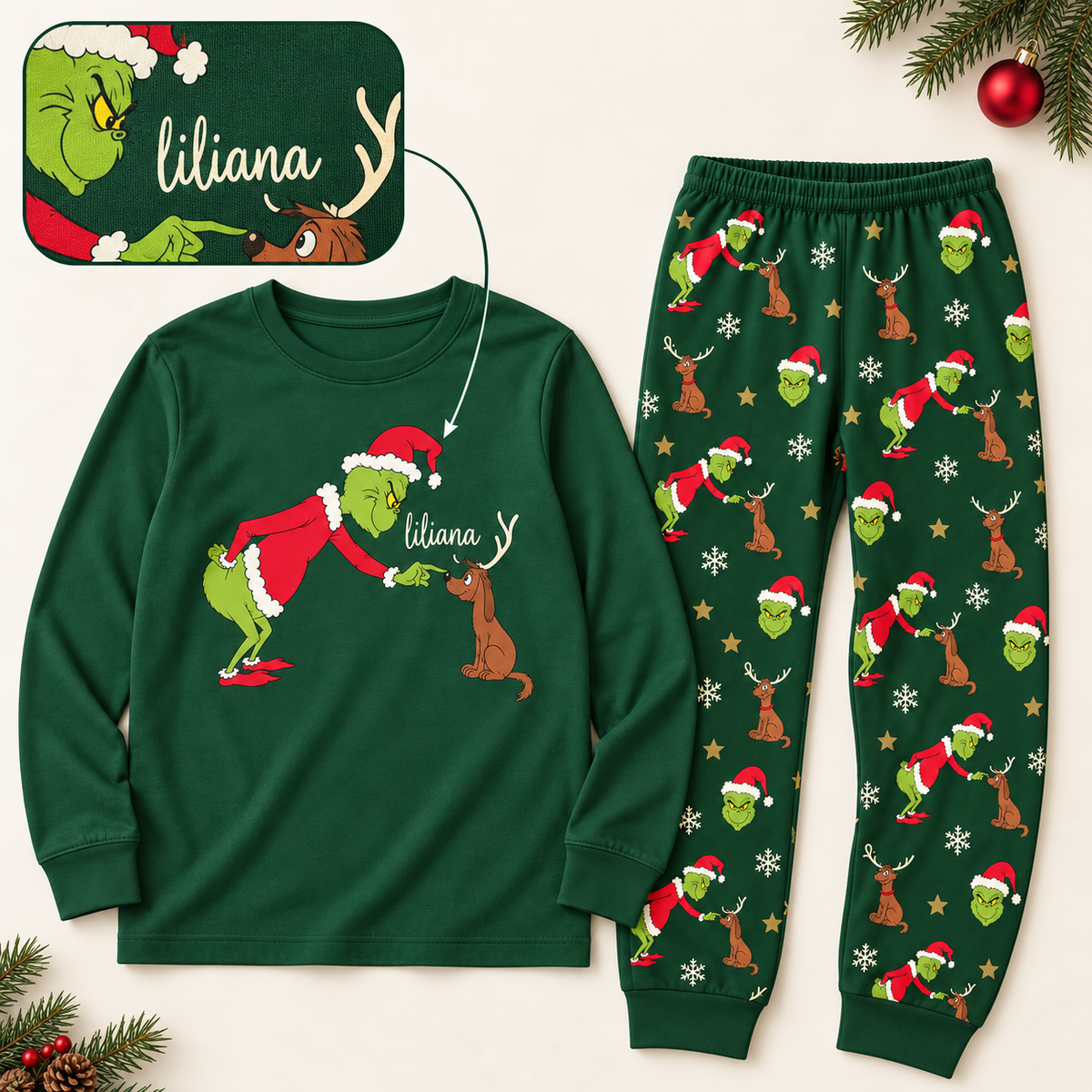 Personalized Mean Green Creature & Faithful Pup Green Family Christmas Pajamas