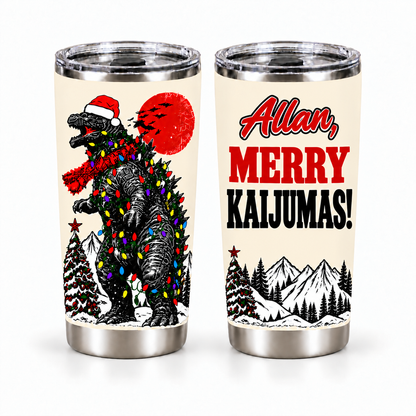Personalized Merry Kaijumas – Custom Name 20oz Vintage Mountain Beast Christmas Tumbler