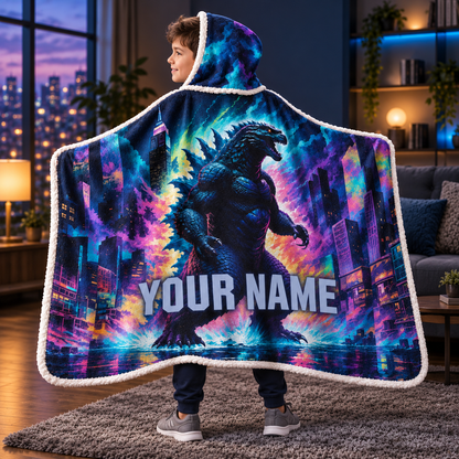 Custom Name Giant Luminous Beast Neon City Wearable Hooded Blanket