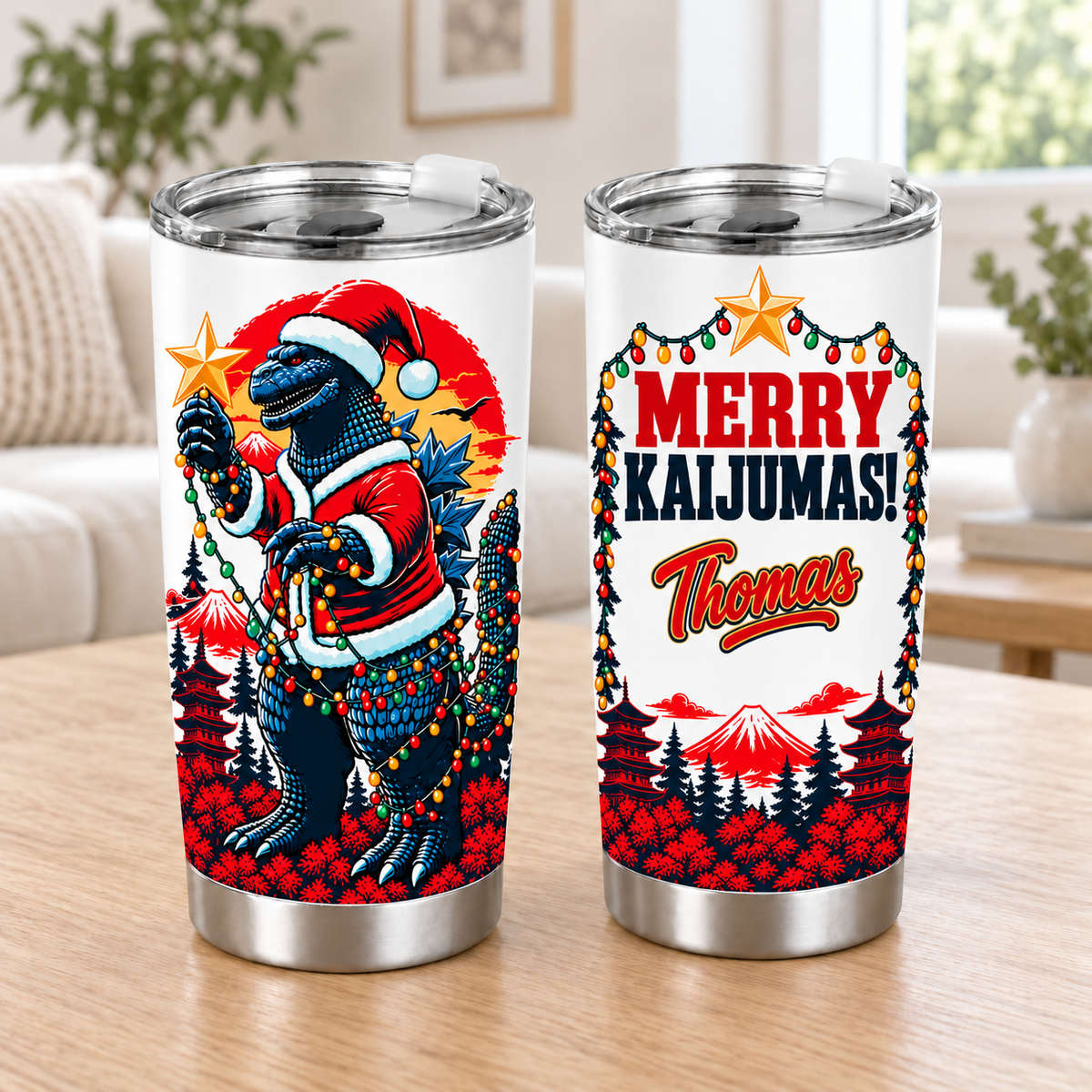 Personalized Merry Kaijumas – Custom Name 20oz Japanese Festive Santa Beast Tumbler