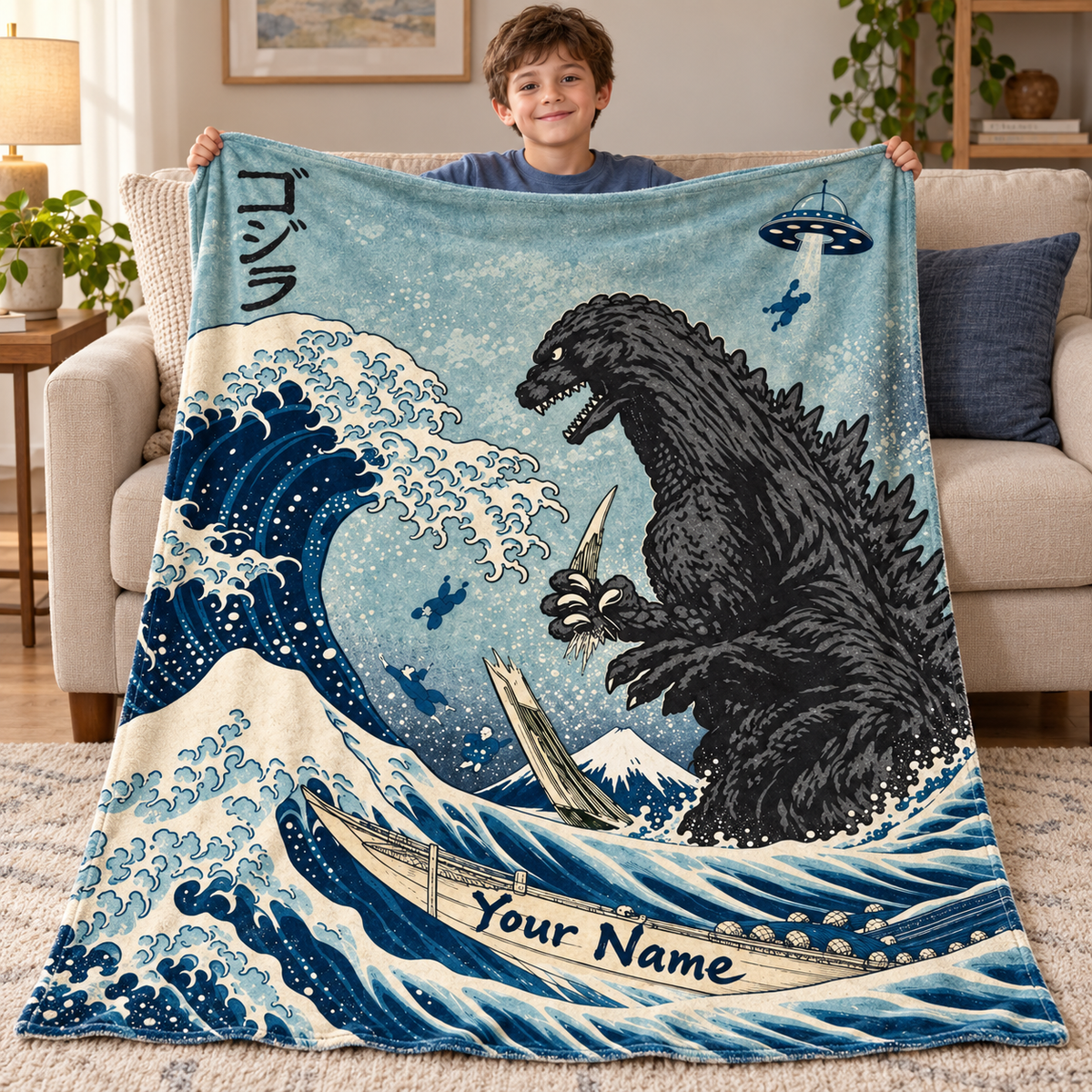 Custom Name Japanese Ukiyo-e UFO Kaiju Monster Blanket