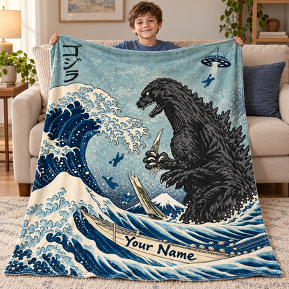 Custom Name Japanese Ukiyo-e UFO Kaiju Monster Blanket