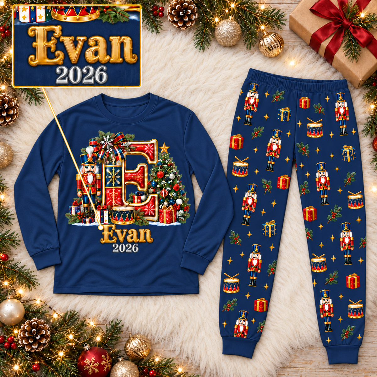 Personalized Monogram Letter Nutcracker Navy Blue Matching Family Christmas Pajamas