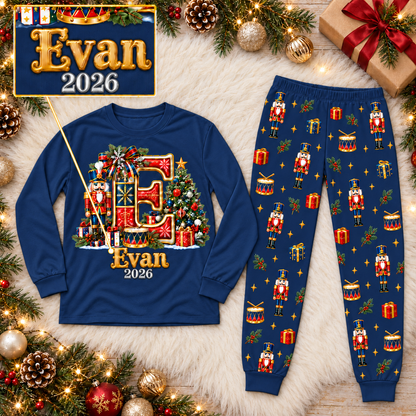 Personalized Monogram Letter Nutcracker Navy Blue Matching Family Christmas Pajamas