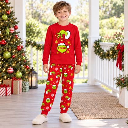 Personalized Mean Green Holiday Creature & All-Over Print Red Family Christmas Pajamas