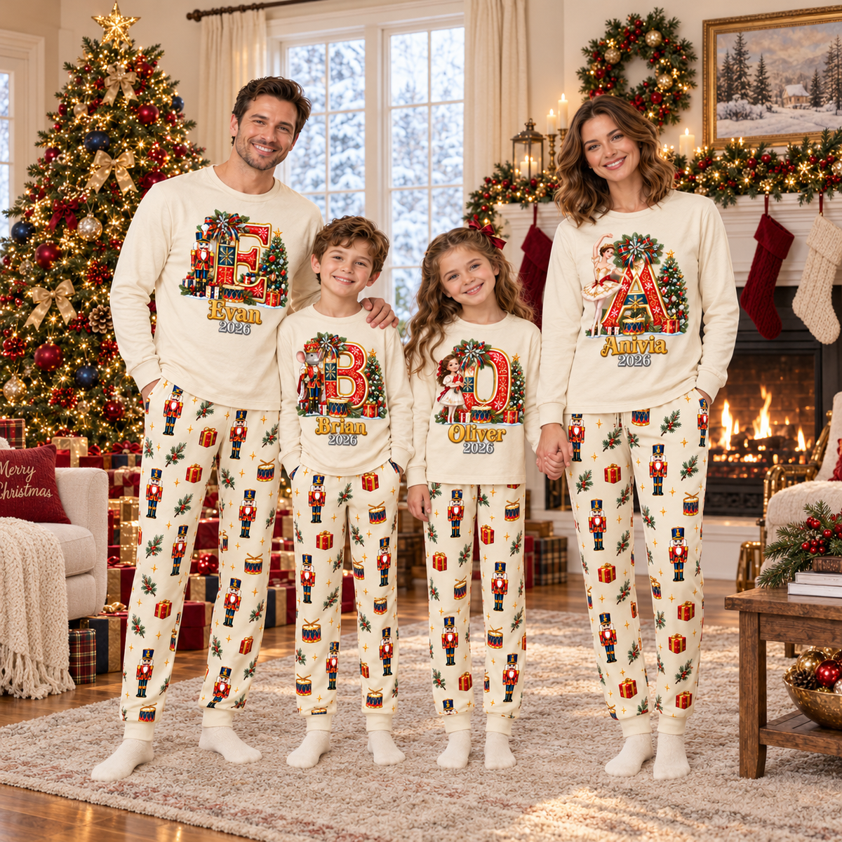 Personalized Monogram Letter Nutcracker Cream Matching Family Christmas Pajamas