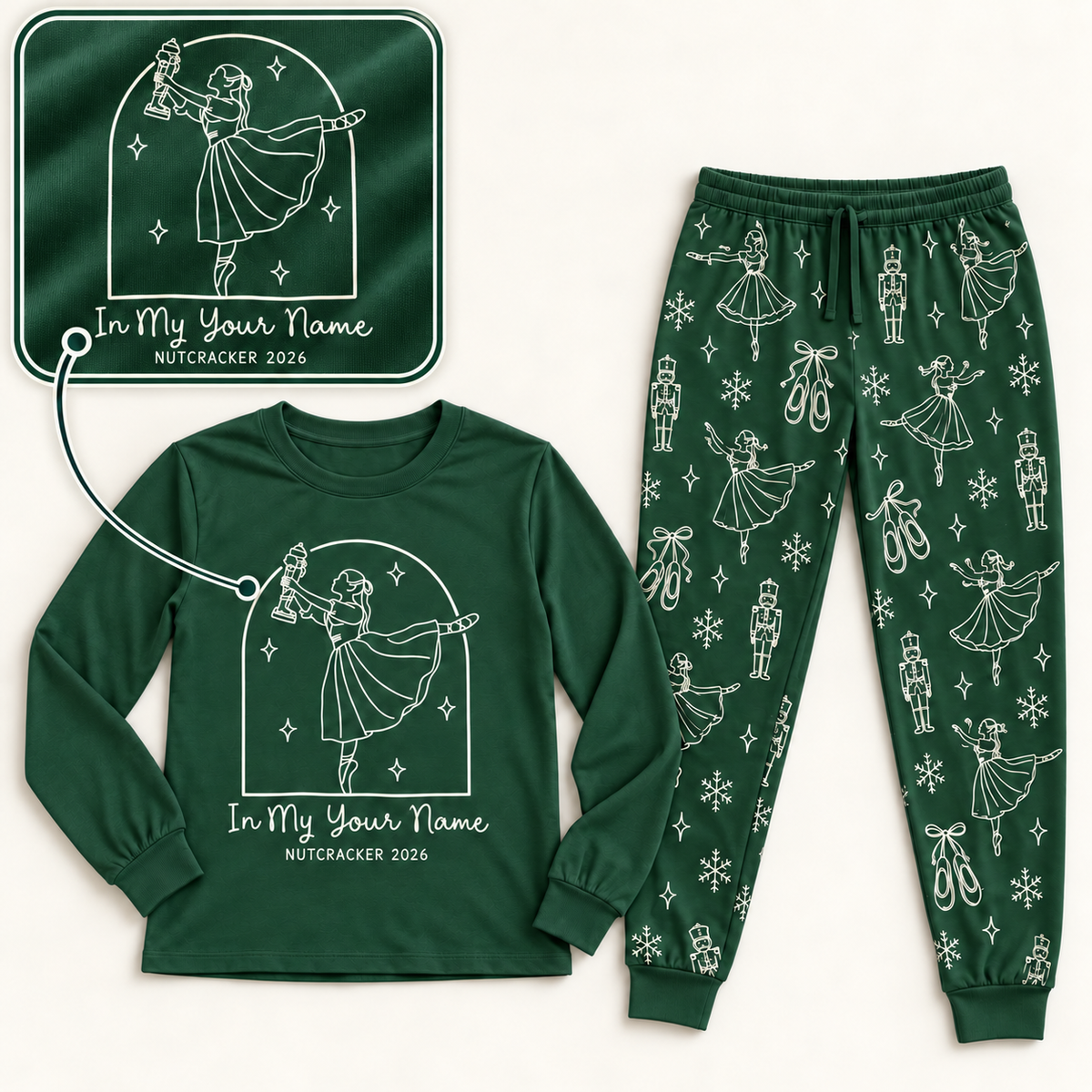 Personalized "In My Name" Nutcracker 2026 Green Matching Family Christmas Pajamas