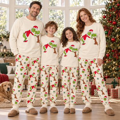 Personalized Mean Green Creature & Faithful Pup Cream Family Christmas Pajamas