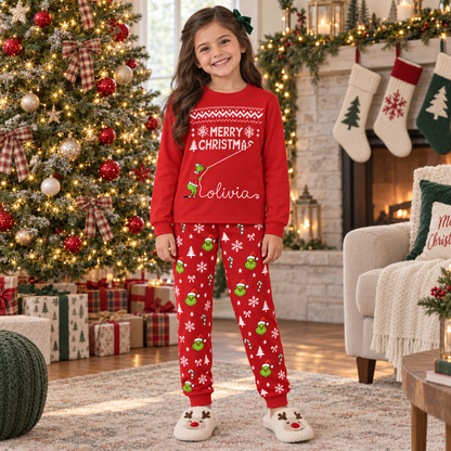 Personalized Grumpy Green Creature "Merry Christmas" Red Family Christmas Pajamas