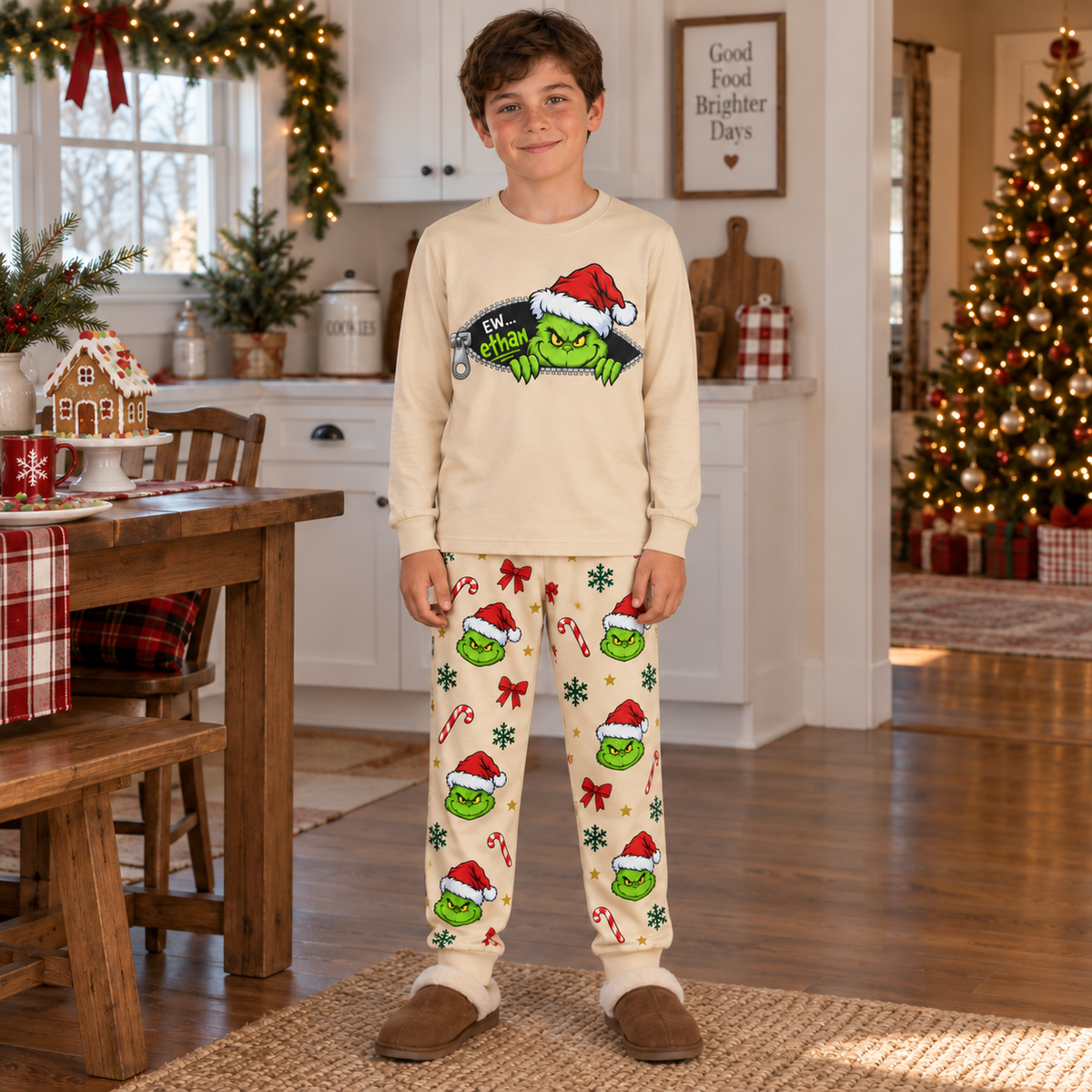 Personalized Grumpy Green Creature Zipper & All-Over Print Cream Family Christmas Pajamas