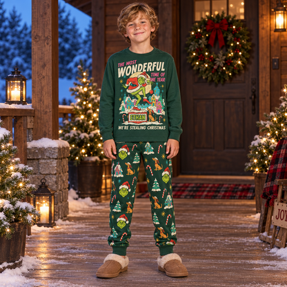 Personalized "Stealing Christmas" Grumpy Green Creature Green Family Christmas Pajamas