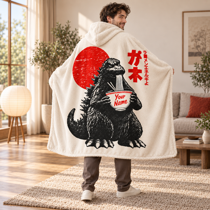 Custom Name Japanese Ramen Eating Monster Wearable Hooded Blanket