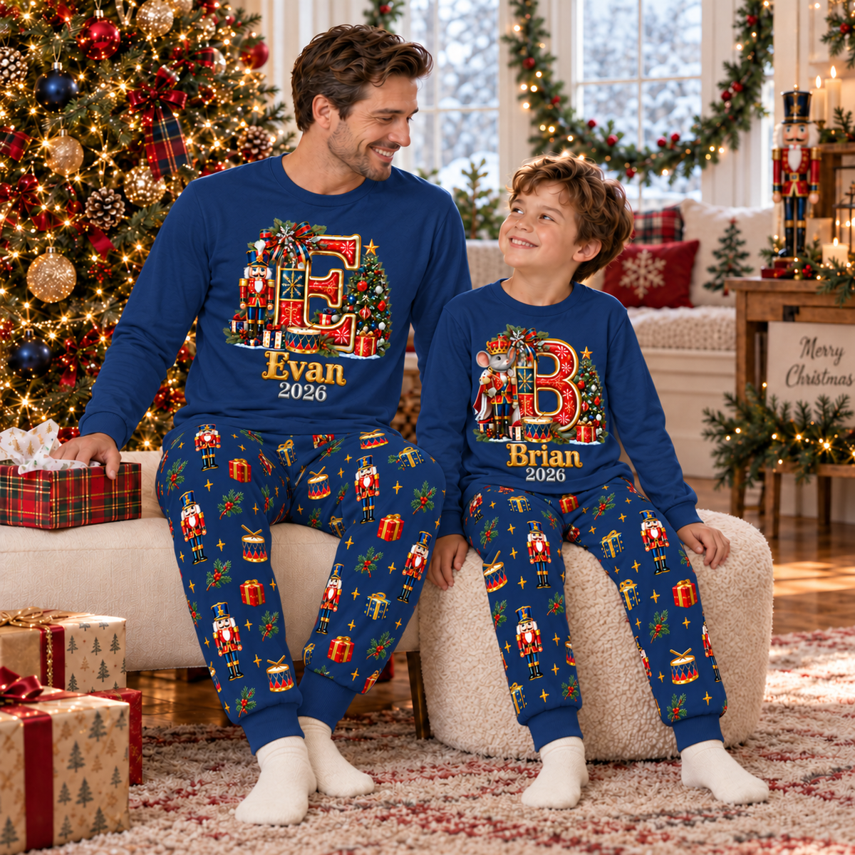 Personalized Monogram Letter Nutcracker Navy Blue Matching Family Christmas Pajamas