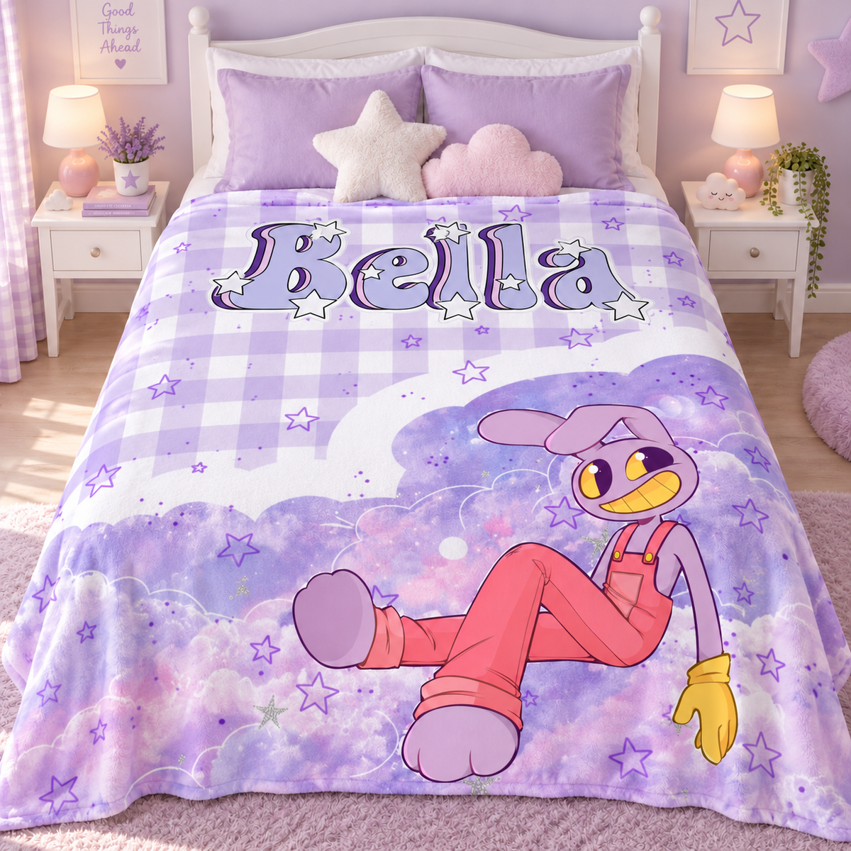 Custom Name Lavender Bunny Starry Plaid Plush Throw Blanket