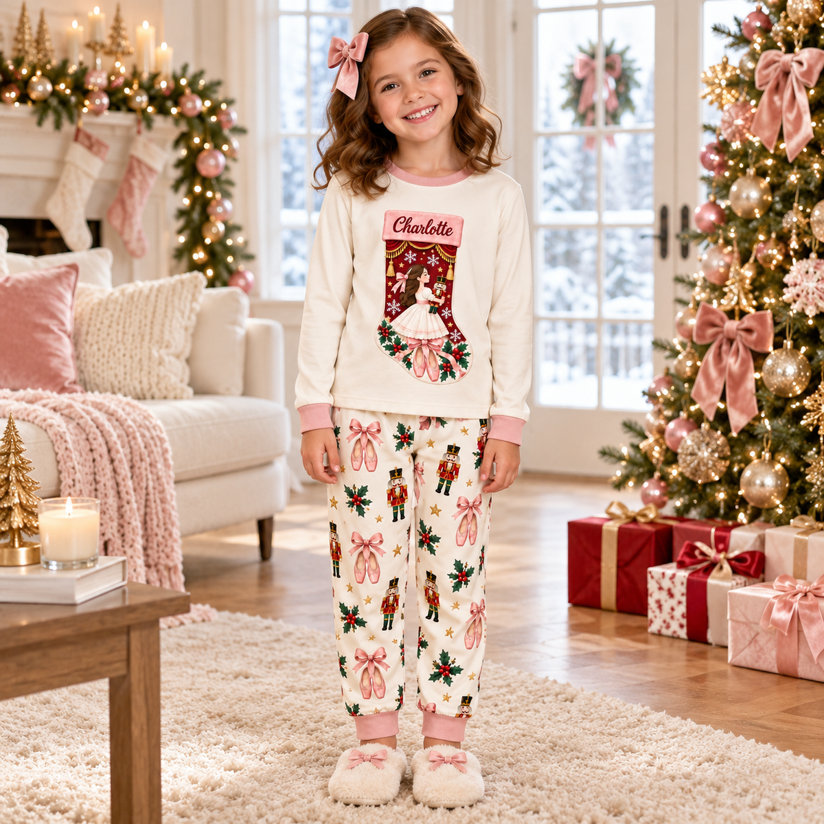 Personalized Ballerina Christmas Stocking Pink Trim Family Pajamas