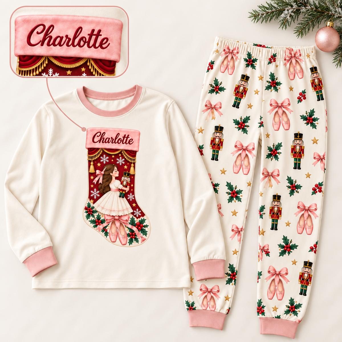 Personalized Ballerina Christmas Stocking Pink Trim Family Pajamas